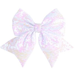 Lofruiin Sparkly Sequins Big Bow Hair Clip Large Cheerleading Bow with Alligator Clip, Glitter Hair Accessories for Girls, Women, Teens (White)