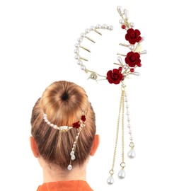 LEEQBCR 1 Stück Perle Rose Haarklammer Quaste Pille Haarspangen Damen Haarklammern Metall Haarspange Pferdeschwanz Schnalle Vintage Rot Rose Blumen Perlen Haarklammern für Hair Clip Accessories
