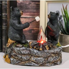 Rustic Forest Father Son Black Bears Making Smores Bonfire Night Light Figurine