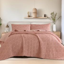 Wonderful Cotton Gauze Quilt Set King Size Rose Paisley Bed Cover for All Season,Reversible Voile Quilt Bedding Sets with Pillow Shams for King Bed, Floral Bedspread Coverlet Set