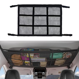 CCAIPU Car Ceiling Cargo Storage Net Pocket, Adjustable Double-Layer Mesh Storage Net Car Roof Organizer Long Trip Ceiling Storage Net for Car, SUV, Van (Black, 90 * 65cm)