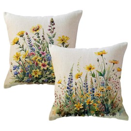 ULOVE LOVE YOURSELF Watercolor Wildflowers Throw Pillow Covers 18 x 18 Inch Flower Holiday Cushion Case Rustic Farmhouse Spring Summer Decoration 2Pack for Sofa Couch Patio Porch (Yellow)