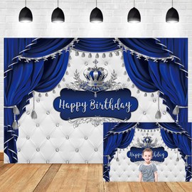 OERJU Royal Prince Birthday Backdrop Royal Blue and Silver Happy Birthday Backdrop Little Baby Prince King Crown Curtain Photo Background Boy Kids 1st Bday Party Decorations Supplies 7x5ft