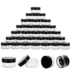 50 Count 5 Gram Sample Containers, Clear Lip Balm Containers with Lids, Small Plastic Sample Jars with 4 Mini Spoons, 50pcs Labels (Black Lid)