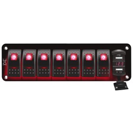 FXC 12V 24V DC 7 Gang Rocker Switch Aluminum Panel with Voltmeter & Dual USB(4.8 A) Fast Charging, Red Backlit Led, Pre-Wired Waterproof for Marine, Boat, Car, Truck, Polaris, Jeep (Red)