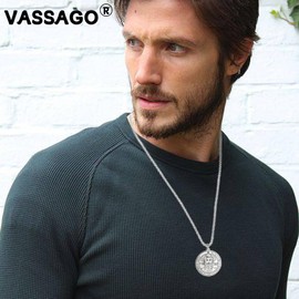 VASSAGO Key of Solomon Seals Necklace Engraved with 72 Names of God Pendant Spiritual Protection Amulets for Men Women (Silver First Pentacle of the Sun)