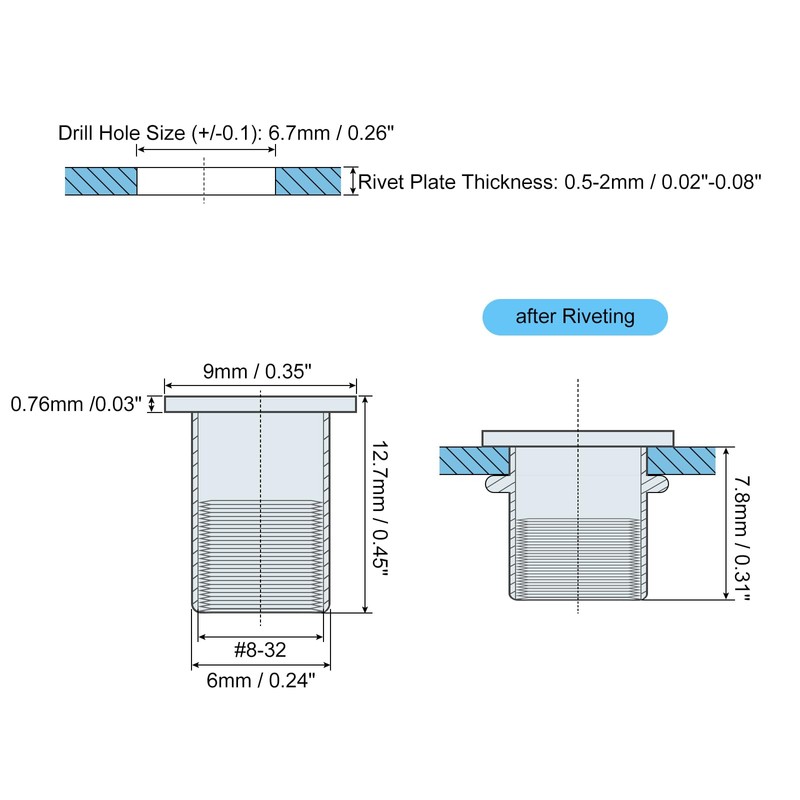 sourcing map #8-32 Rivet Nuts, 50pcs 304 Stainless Steel Knurled