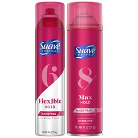 Suave Hairspray for Women, Variety 2-Pack – Flex Control, Scented + Max Hold, Unscented, Hair Spray for Fine Hair, Wavy, Sleek, Curly Hair Styling