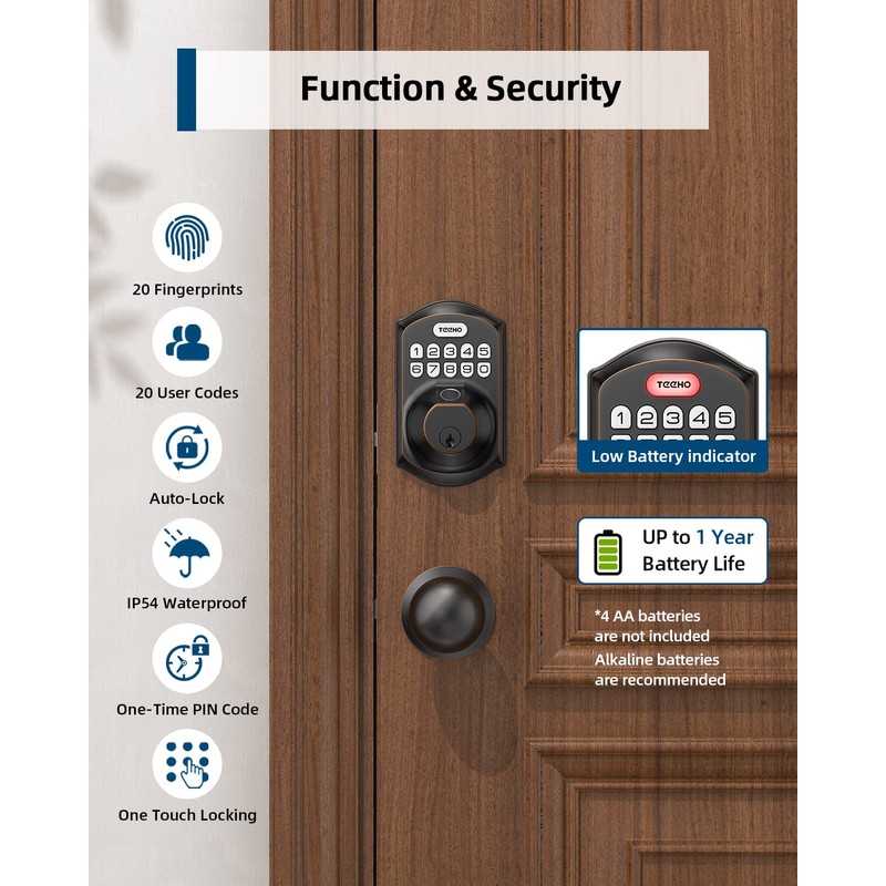 TEEHO TE002K Keyless Fingerprint Deadbolt Door Lock - Smart Lock