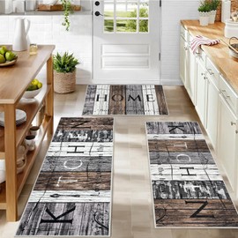 CHICNOOK Farmhouse Kitchen Rugs and Mats Set of 3, Dornier Wooden Board Theme Non Slip Washable Rugs for Kitchen Floor, Mats Cushioned for Laundry Hallway Sink 19.7 * 31.9+19.7 * 48+19.7 * 60in