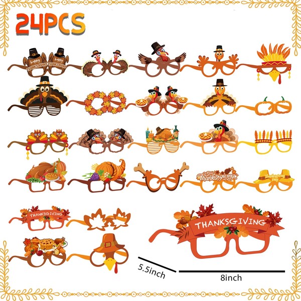 POPLAY 24PCS Turkey Paper Eyeglasses, Thanksgiving Glasses Paper Glasses Funny Party Glasses for Kids Adults Fall Thanksgiving Party Favors