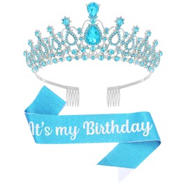 Papoopy Birthday Tiara and Crown with Sash, Birthday Tiara for Women Birthday Party (Blue)