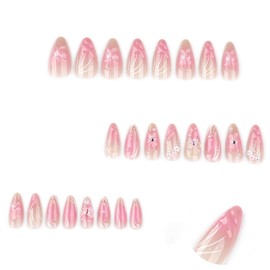 Lukmexor Flower Almond Press On Nails Medium Fake Nails For Spring With 3D Floral Rhinestones Design False Nail Press Ons Flossy Pink Stick On Nails Spring Summer Glue On Nail For Women Nail Supplies