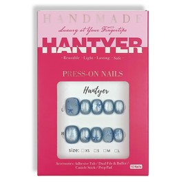 Hantyer Squoval Press On Nails, Handmade Soft Gel Ombre Glossy Fake Nails with Glitter Star, Blue Ombre Holographic Design Full Cover Reusable False Nails for Women 10PCS Kit (Size L)