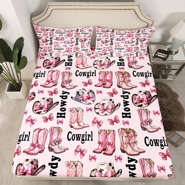 Western Cowgirl Fitted Sheet Set with 2 Pillowcase,Princess Bowknot Kawaii