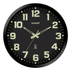 Sharp Glow in The Dark Atomic Analog Wall Clock - 12" Clock with Black Frame - Sets Automatically - Battery Operated - Easy to Read - Easy to Use – See Day or Night!