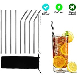 Set de 8 Popotes de Acero Inoxidable Reutilizables y Fáciles de Limpiar Incluye Cepillo para Lavar y Bolsa Pajilla de Metal Inoxidable de Grado Alimenticio Amigable con el Medio Ambiente