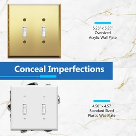 LIDER Reflective Acrylic Toggle Switch Wall Plate, Mirrored Double Light Switch Cover, Plexiglass Cover Plate, Acrylic Glass, Oversized 2-Gang 5.25" x 5.25", LWP-12O-AGD, Gold