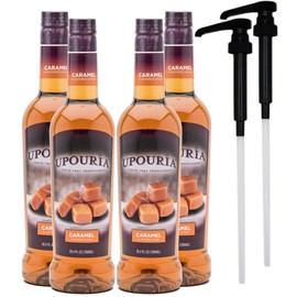Upouria Caramel Coffee Syrup Flavoring, 100% Vegan, Gluten-Free, Kosher, 750 mL Bottle (Pack of 4) with 2 Syrup Pumps