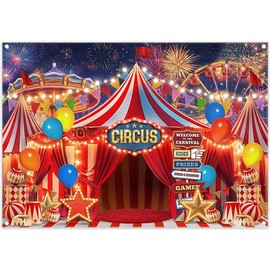 ZTHMOE Fabric 7x5ft Red Circus Carnival Photography Backdrop Halloween Curtain Fireworks Ferris Wheel Light Tent Background Kids Adults Party Decorations Photo Banner Props