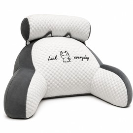 Ergonomic Reading Pillow for Bed, Sofa & Chair, Supportive Backrest Pillow with Adjustable Neck Roll and Armrests, Breathable Polyester Lounger Cushion, 60 x 40 cm, Gray & White