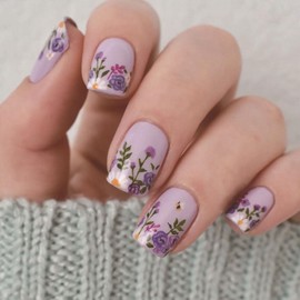 Purple Press on Nails Short Fake Nails with Floral Designs Square Nails Press ons Glossy Glue on Nails Spring Summer Acrylic Nails Full Cover False Nails Cute Stick on Nails for Women 24Pcs