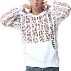 YUFEIDA Men's Fashion Hoodies Tank Tops Fishnet See Through Pullover Shirts Long Sleeve Muscle Pullover Active Hoodies White