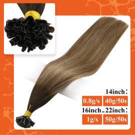 Full Shine Utip Human Hair Extensions Remy Hair 16 Inch Real Hair Extensions Keratin Tip Fusion Hair Extensions Color 2/3/27 Balayage Highlighted Keratin Extensions Remy Human Hair 50g/50s