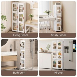 Lozovin Narrow Bathroom Storage Cabinet with Doors and Shelves, 3-Tiers Slim Tall Storage Organizer with Wheels, Plastic Foldable Skinny Storage Cabinet for Small Spaces, Kitchen, Living Room