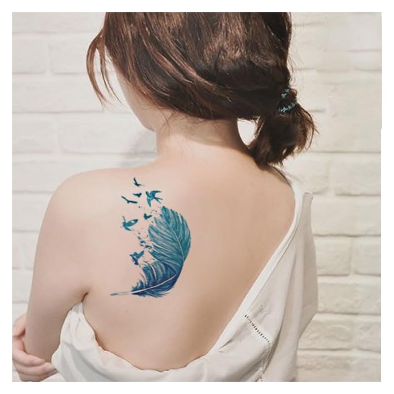 Oottati 6 Sheets Temporary Tattoo Stickers Colorful Blue Feather Dream