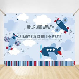 Crefelimas Blue Airplane Baby Shower Backdrop Up Up and Away Boys Party Background Oh Boy Baby Shower Decorations Transportation It’s a Boy Copper Grommets Banner