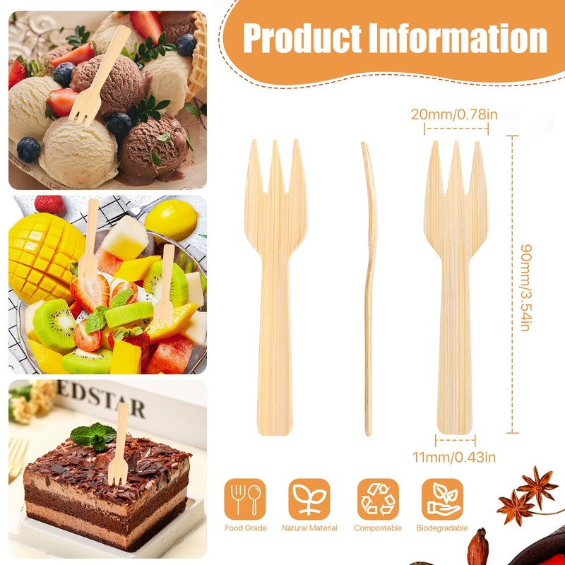 Worldity 200 Pcs 3.5” Small Bamboo Forks, Mini Forks for