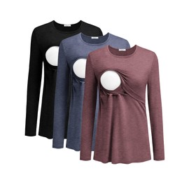 Ekouaer Women’s Nursing Top 3pack Long Sleeve Breastfeeding Shirts Postpartum Double Layer Clothes Round Neck Maternity Tshirt Black/Navy Blue/Dark Red XL
