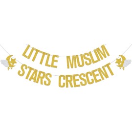 Little Muslim Stars Crescent Banner,Little Muslim Umrah Mubarak Decor Banner,Ramadan Eid Birthday Baby Shower Decor,Ramadan Mubarak Kareem Eid Party Supplies Gold