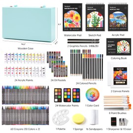 Shuttle Art Deluxe Gift Art Kit, 202-Piece Wooden Art Supplies Set with 4 Drawing Pads, Canvases, Coloring Sheets, Acrylic Paint, Crayons, Oil Pastels, Colored Pencils for Kids