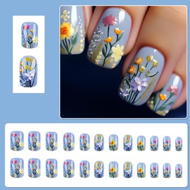 Viugex 24Pcs Short Square False Nails, Blue French Tip Press on Nails 3D Embossed Flower Acrylic Fake Nail Set, Handmade Full Cover Small Gel Stick on Nails for Women Girls Daily Holiday Wear