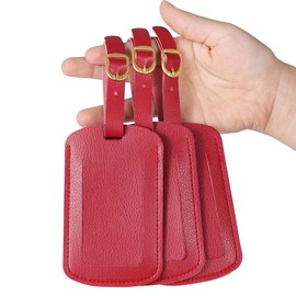 Vividwise Luggage Tags with Name ID Card, Leather Luggage Suitcases Tag for Bag Baggage Travel Accessories 3 Pack (Red)