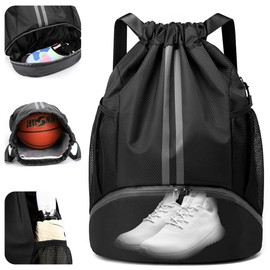 dulvus Black Drawstring Gym Bag, Waterproof Drawstring Backpack with Side Mesh Pockets, Sport Bag with Shoes Compartment for Women Men
