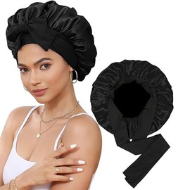 ZSPERKLA Silk Bonnet for Sleeping, with Tie Band, Double Layer Hair Bonnet Cap for Curly Hair, Elastic Shower Cap Bonnet for Women, Black