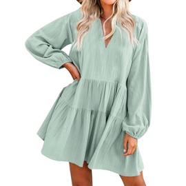 FANCYINN Long Sleeve Shift Tunic Dress Ruffle Swing Babydoll Juniors Mini Tiered Dress with Pockets Light Green L