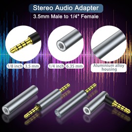 HATMINI 4 Pack 3.5mm Audio Adapter，3.5mm 1/8" TRRS Stereo Jack Adapter 3.5mm Stereo Plug Male Coupler Gold Plated Connectors,for Mobile Phones,Tablets,Car Audio,Speakers (4 M/F/Angle)