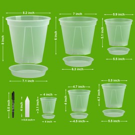 Transparent Plants Nursery pots with Tray 4/5/5.5/6/7/8 Inch Plastic Planter with Drainage Hole, Seed Starting Pots Plant Container for Garden, Houseplant with 12pcs Plant Labels, a maker pen, 6 sets