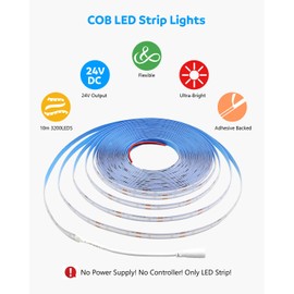 Aclorol 32.8ft Blue Led Strip Lights COB Led Strip Light 24V Flexible LED Tape Light for Bedroom Kitchen Cabinet Closet Other Home Indoor Decor 3200Leds 10M(Power Supply&Dimmer Not Included)