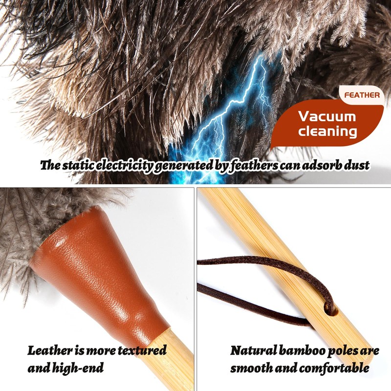 NEWONG 16inch Natural Good Ostrich Feather Duster with Bamboo Handle,