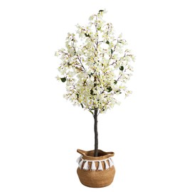 Nearly Natural 5ft. Artificial Bougainvillea Tree with Handmade Jute & Cotton Basket with Tassels