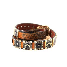 West Star Texas Western Leather Belt Longhorn Buckle Double Guns Unisex Genuine Leather Cowboy Belt 783A Longhorn TAN Floral XL