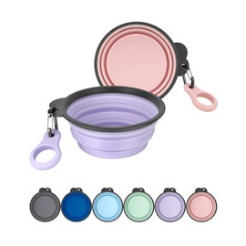 Heouvo Collapsible Dog Bowls with Bottle Carrier, 2 Pack Travel Dog Water Bowl with Upgraded Carabiner, One-piece Molded Rim No Fall Off or Crack (Pink/Violet, Large(Pack of 2))