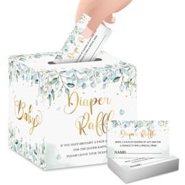 WideIdeal 51Pcs Diaper Raffle Sign, Baby Shower Game Diaper Raffle Card Box Party Decorations Game Kit (1 Raffle Box + 50 Cards) Neutral Greenery WI01