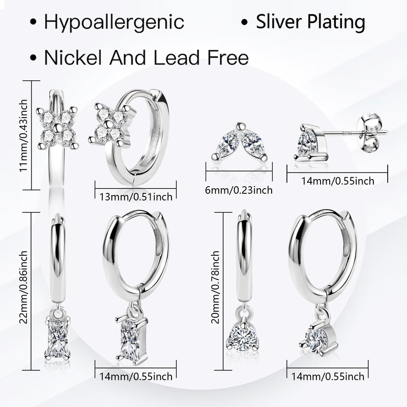 ALEXCRAFT Earrings Studs 925 Post 4 Pairs Silver Earring For