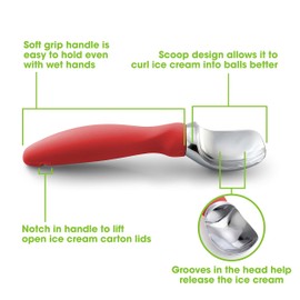Spring Chef Red Heavy Duty Ice Cream Scoop - Stainless Steel Ice Cream Scooper with Non-Slip Handle - Premium Metal Kitchen Tool for Gelato, Sorbet, Melon - Dishwasher Safe Icecream Spoon